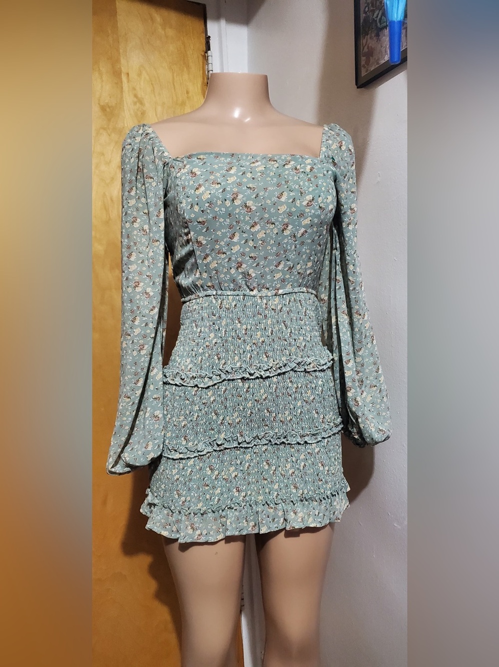 MABLE Sage Floral Smocked Tiered Mini Dress